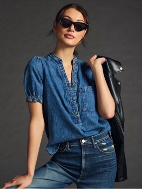 Pilcro Aly Puff Sleeve Denim Top Women's Large Blue Chambray Henley Blouse